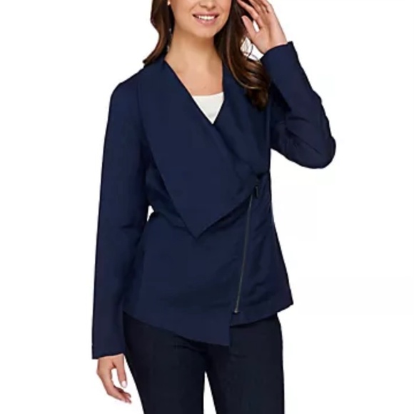 H by Halston Draped Zip Front Linen Blend Blazer Navy SZ 14 - Picture 1 of 16